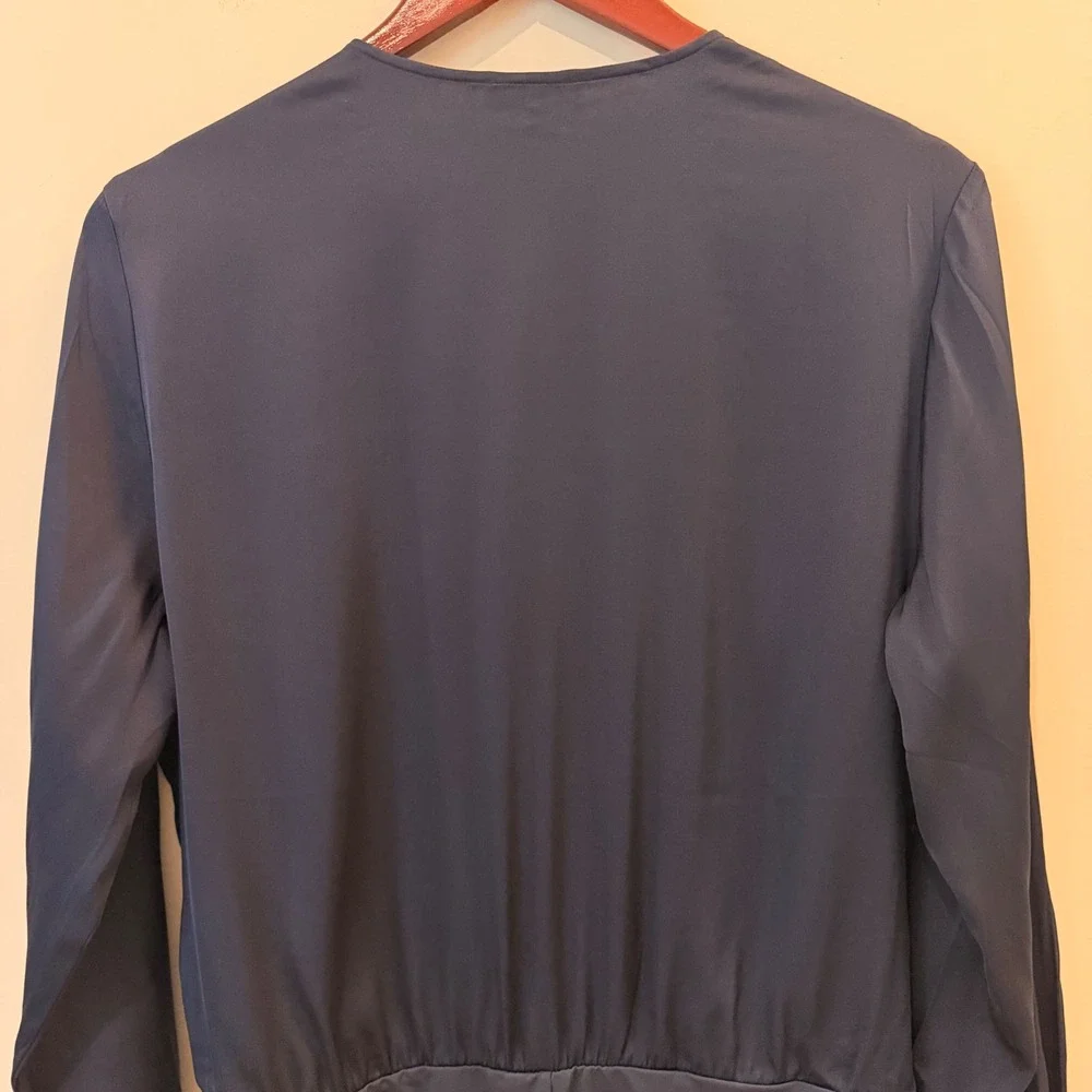 Quince Washable Stretch Silk Surplice Bodysuit Wrap Front Long Sleeve Date Navy